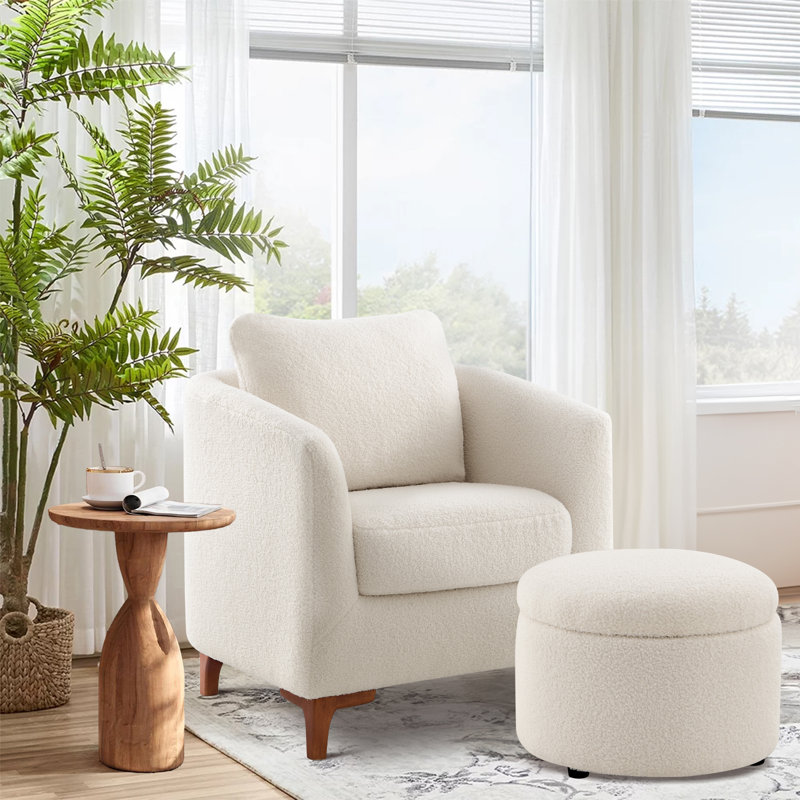 Willa Arlo Interiors Amold Upholstered Barrel Accent Armchair With Storage Ottoman and Pillow Reviews Wayfair